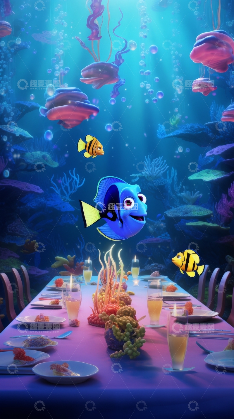 高清大图下载【趣麦麦图】海底世界中的餐桌场景