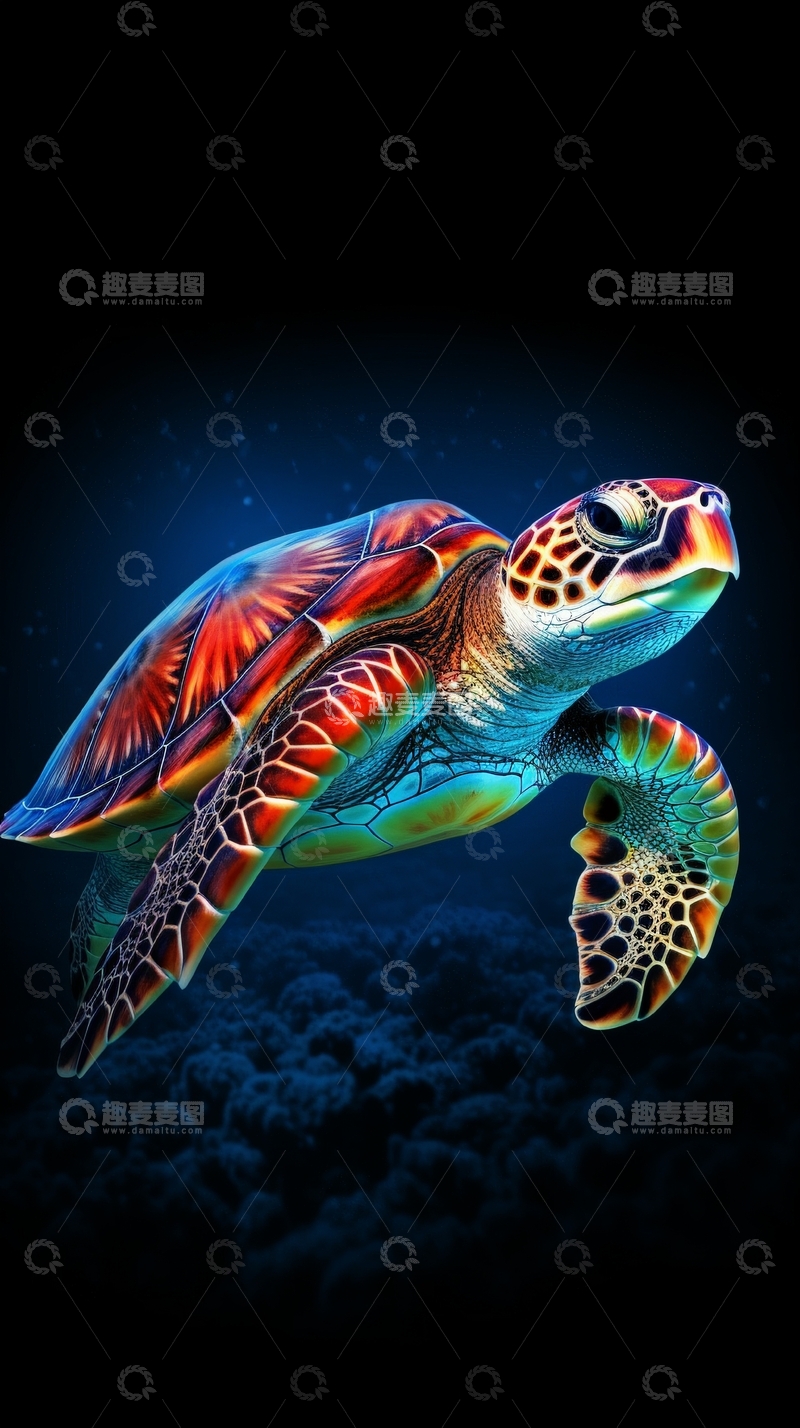 高清大图下载【趣麦麦图】色彩斑斓的海龟在深海中游动