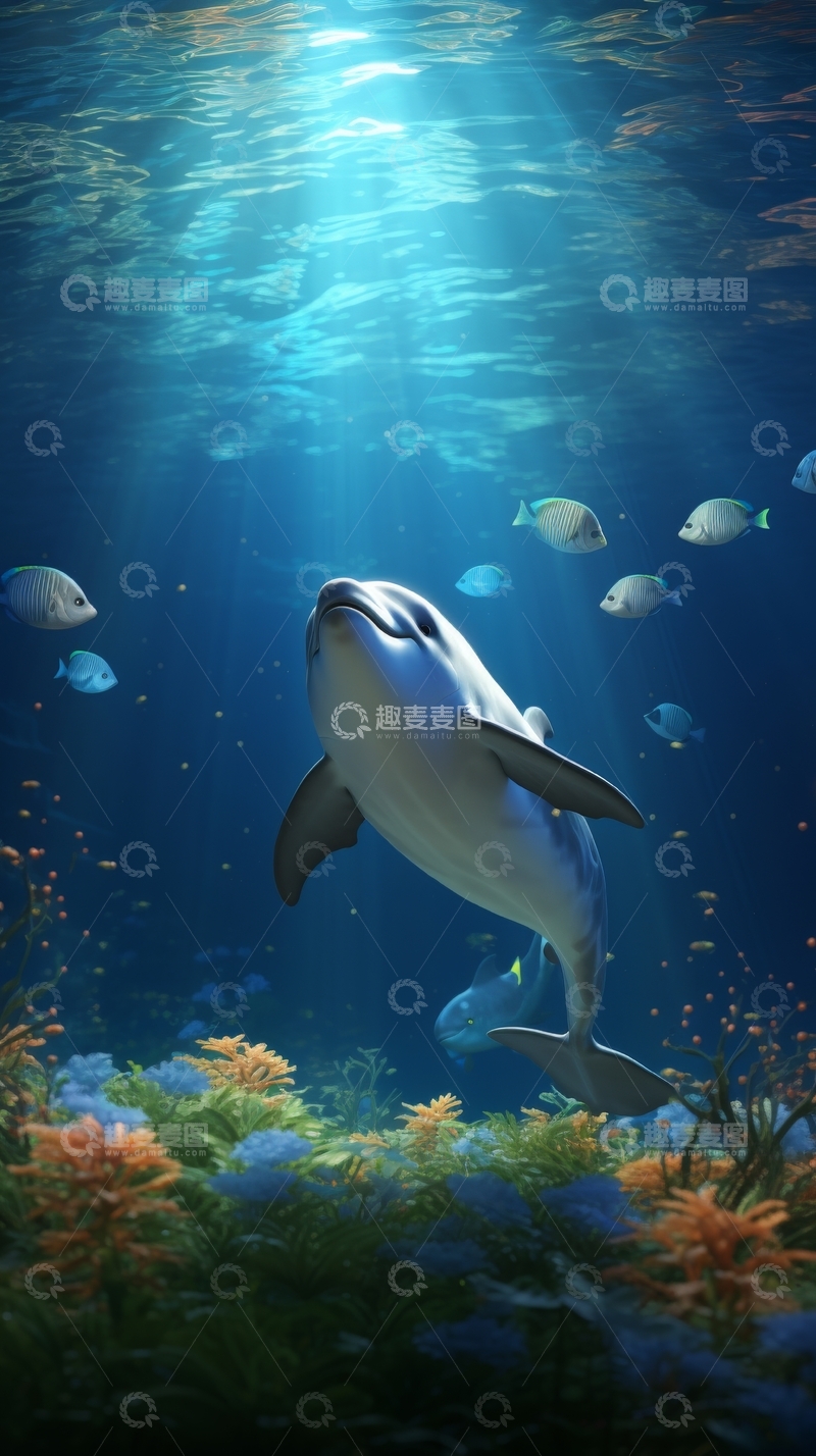 高清大图下载【趣麦麦图】海底阳光下的海豚
