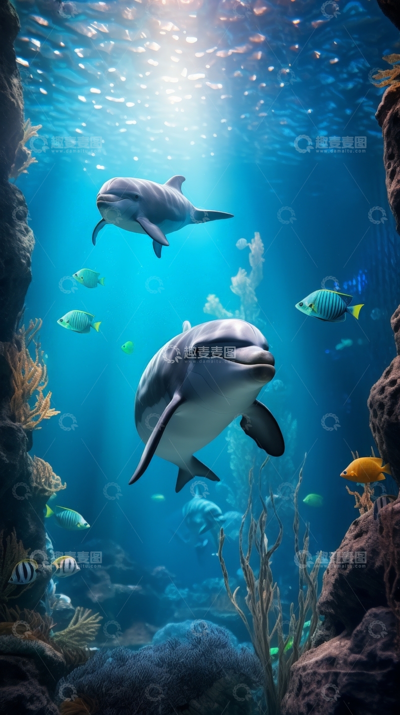 高清大图下载【趣麦麦图】海底世界中的海豚与鱼群