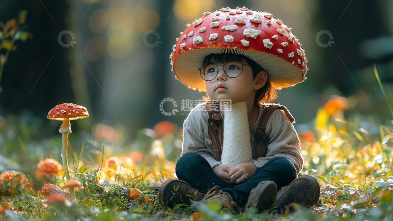 高清大图下载【趣麦麦图】戴蘑菇帽的孩子坐在森林中