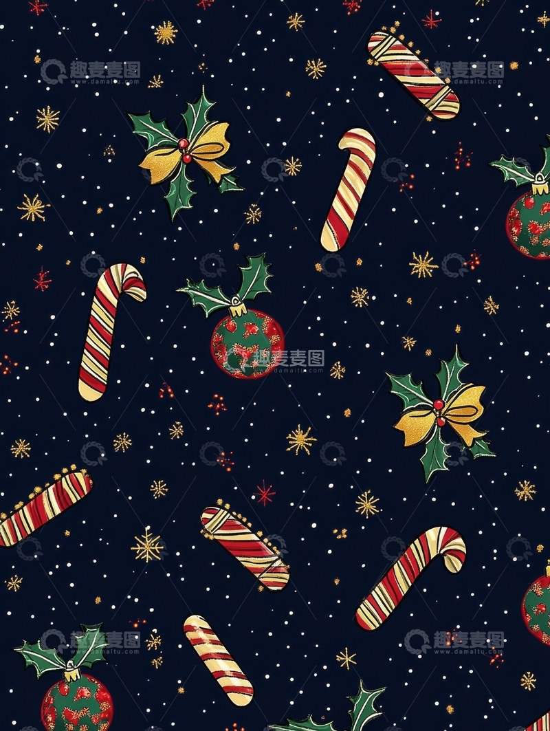 高清大图下载【趣麦麦图】圣诞糖果手杖与装饰球图案背景