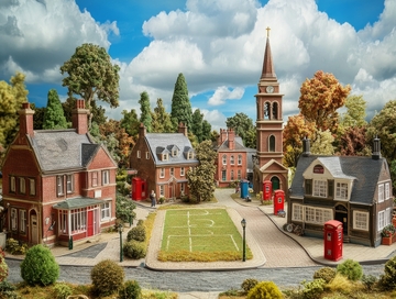 微型村庄模型，教堂与红砖建筑