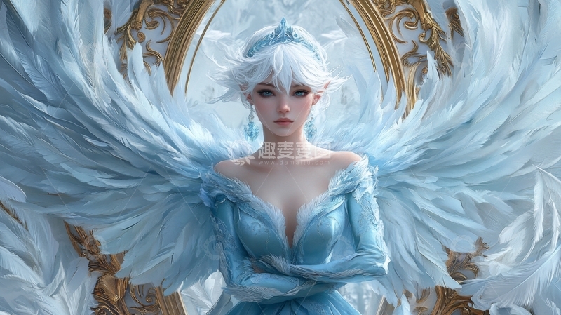 高清大图下载【趣麦麦图】蓝羽天使，华丽服饰与金色背景