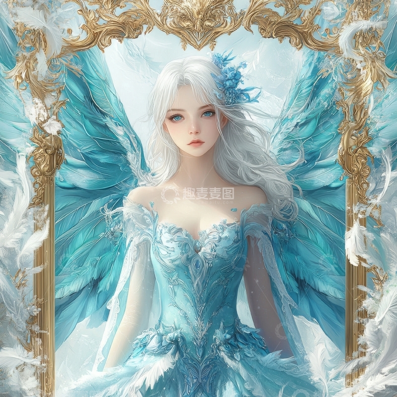 高清大图下载【趣麦麦图】蓝羽天使：华丽服饰与金色边框的梦幻组合