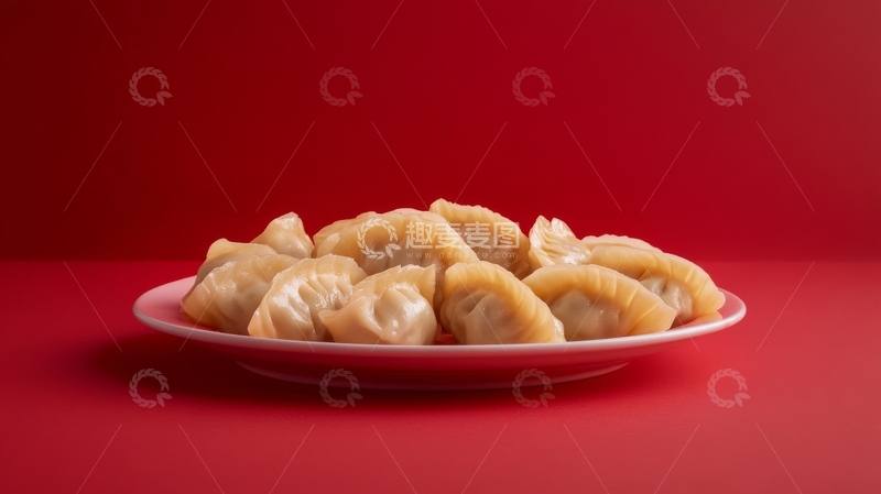 高清大图下载【趣麦麦图】红色背景上的盘装饺子