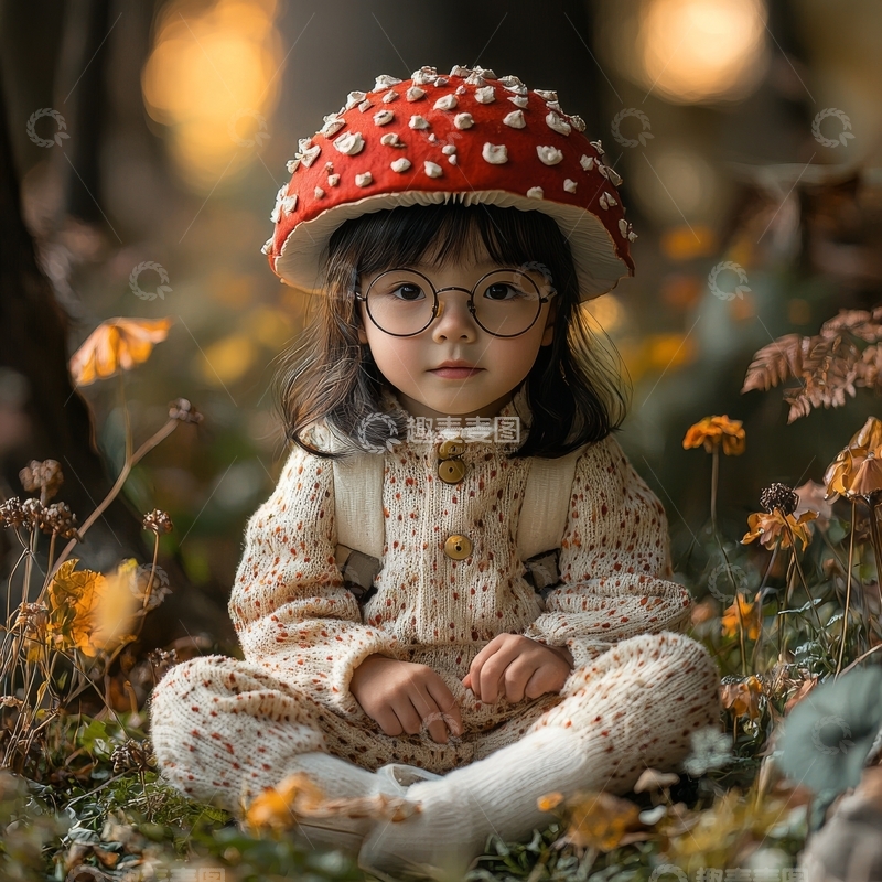 高清大图下载【趣麦麦图】林间蘑菇帽小女孩