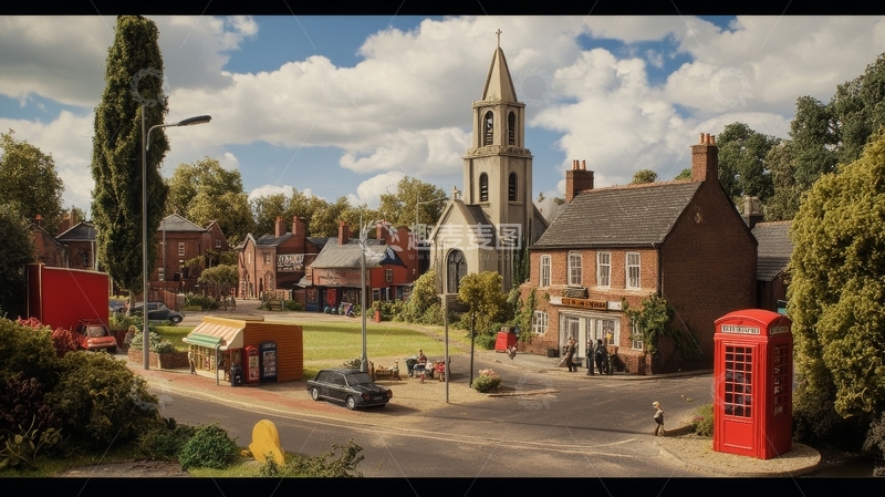 高清大图下载【趣麦麦图】乡村教堂与红色电话亭