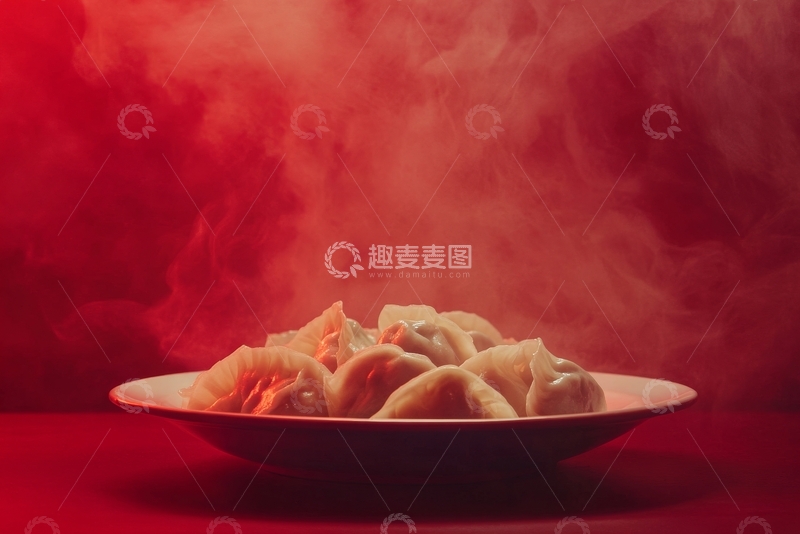 高清大图下载【趣麦麦图】红色烟雾中的饺子盘