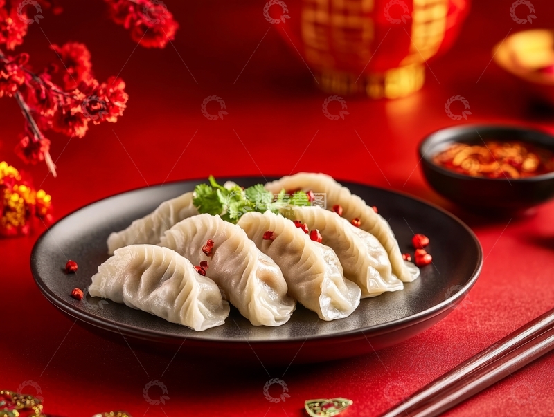 高清大图下载【趣麦麦图】盘中蒸饺配以红色装饰，节日氛围浓厚