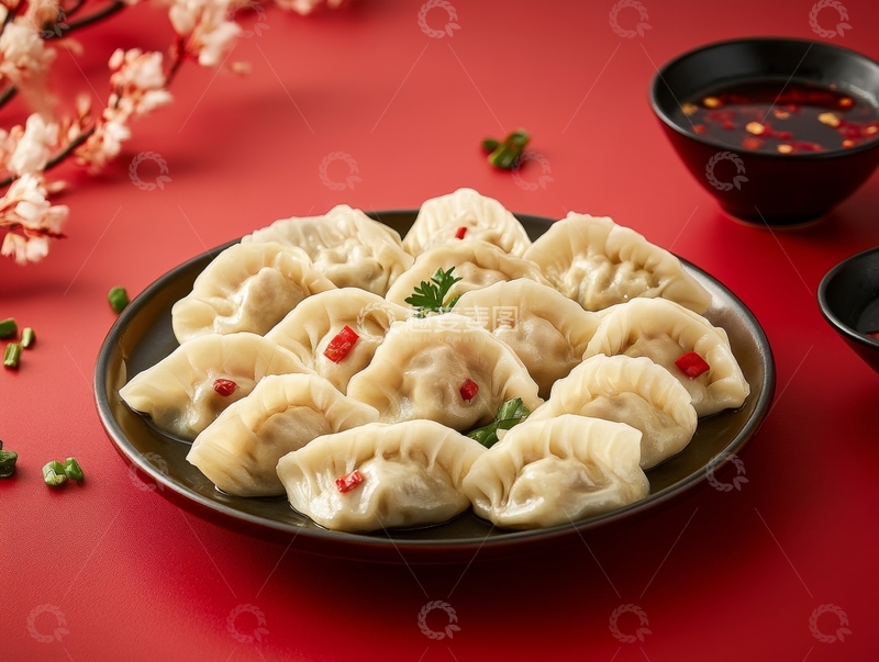 高清大图下载【趣麦麦图】盘中饺子配蘸料，红色背景衬托节日氛围
