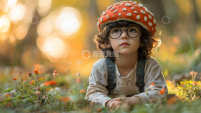 高清大图下载【趣麦麦图】戴蘑菇帽的孩子在花丛中
