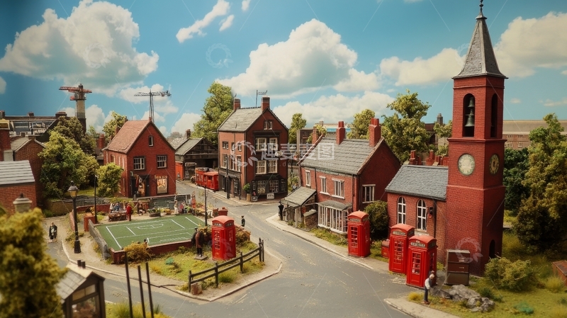 高清大图下载【趣麦麦图】模型小镇街景，红砖建筑与邮筒