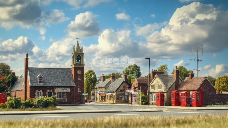高清大图下载【趣麦麦图】乡村教堂与红色电话亭