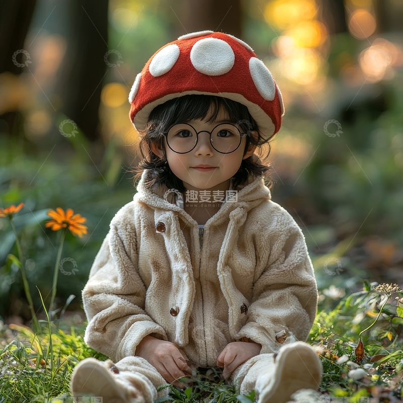 戴蘑菇帽的孩子在森林中