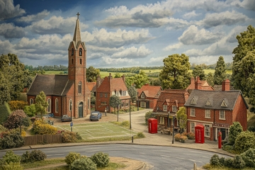 乡村教堂与红砖房屋