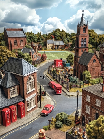 微型城镇模型，教堂与街道场景