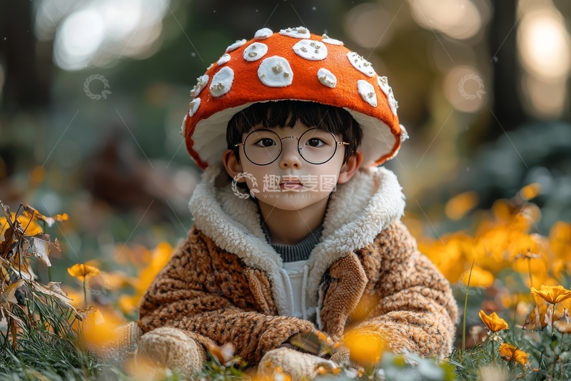 高清大图下载【趣麦麦图】戴蘑菇帽的孩子在花丛中