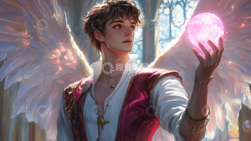 高清大图下载【趣麦麦图】天使少年手持光球，背景神秘森林