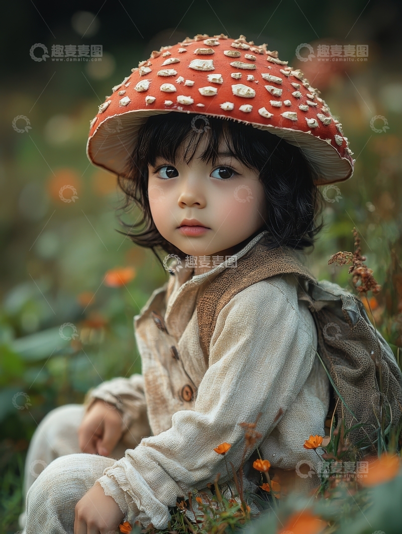 高清大图下载【趣麦麦图】戴蘑菇帽的孩子坐在花丛中