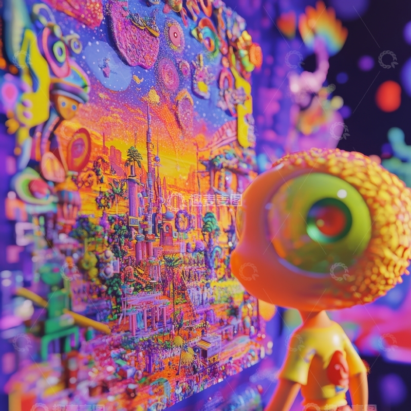 高清大图下载【趣麦麦图】奇幻城市与大眼玩偶的多彩世界