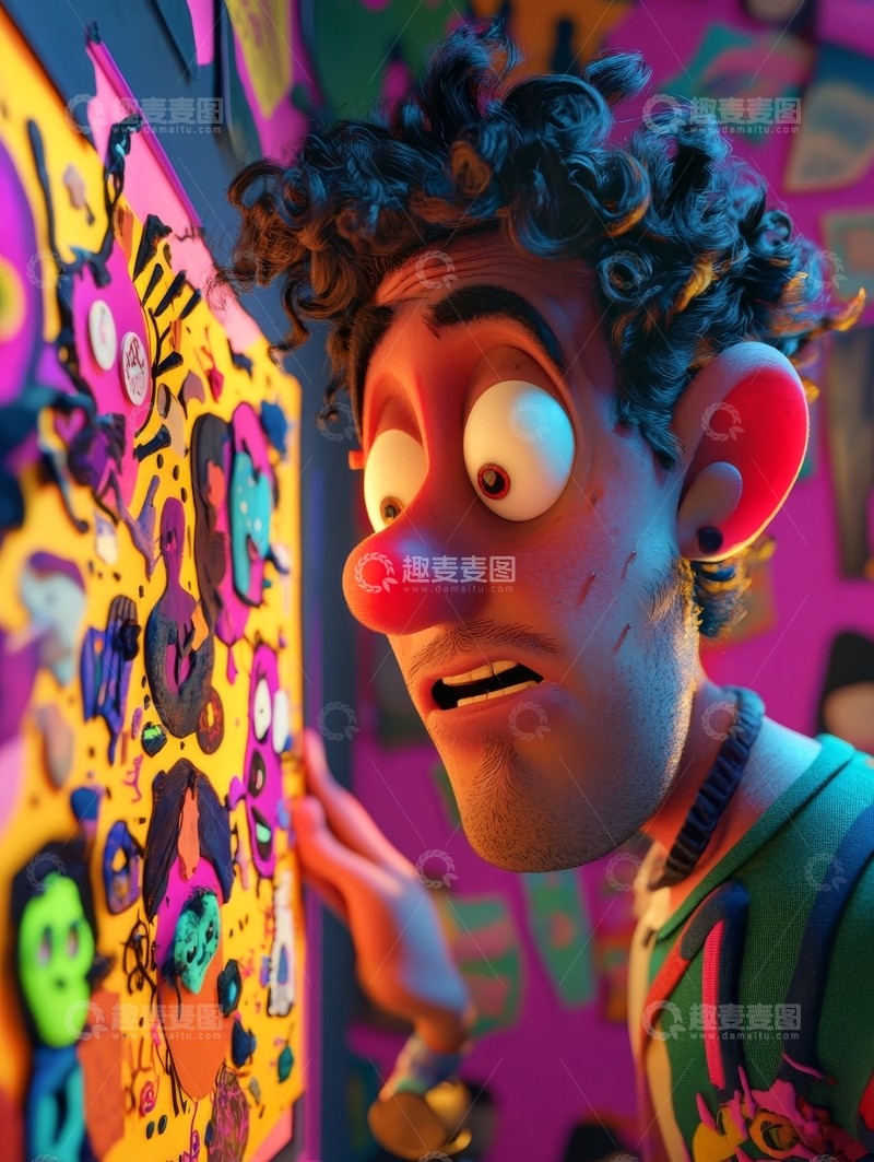高清大图下载【趣麦麦图】卡通人物凝视多彩涂鸦墙