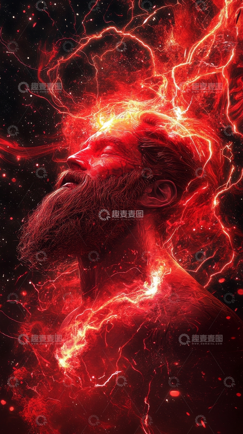 高清大图下载【趣麦麦图】红色闪电环绕的神秘人物