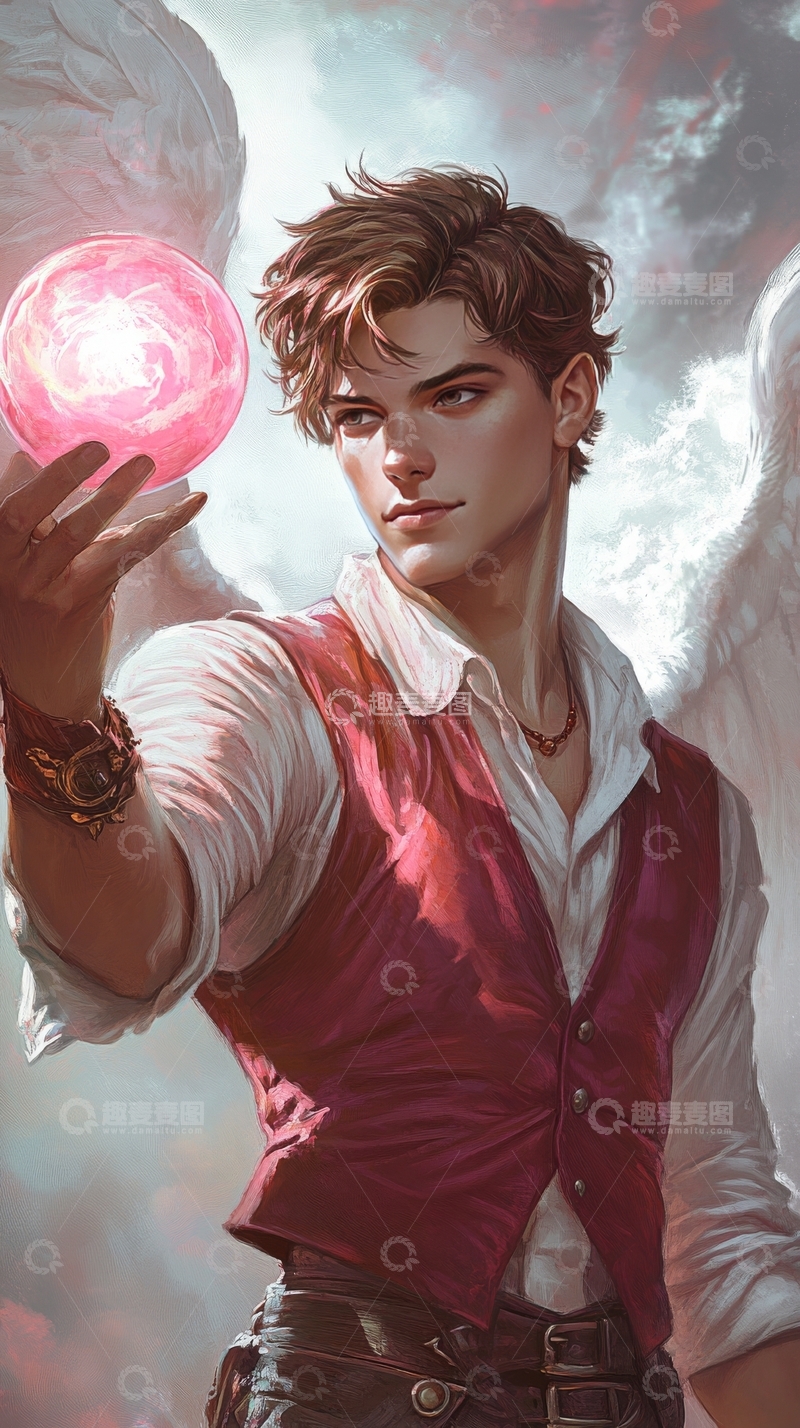 高清大图下载【趣麦麦图】青年手持发光球体，背景云雾缭绕