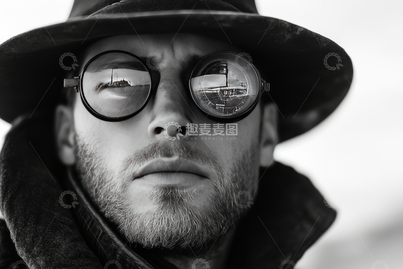 高清大图下载【趣麦麦图】-戴圆镜男子的黑白肖像
