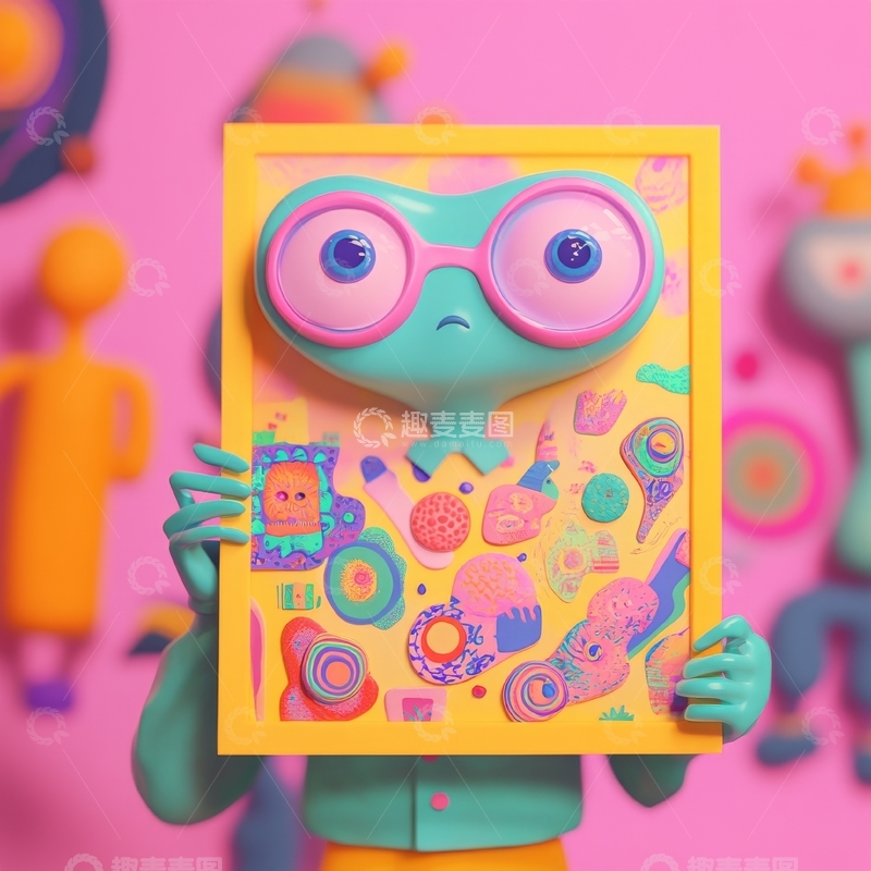 高清大图下载【趣麦麦图】卡通角色手持色彩斑斓的画框