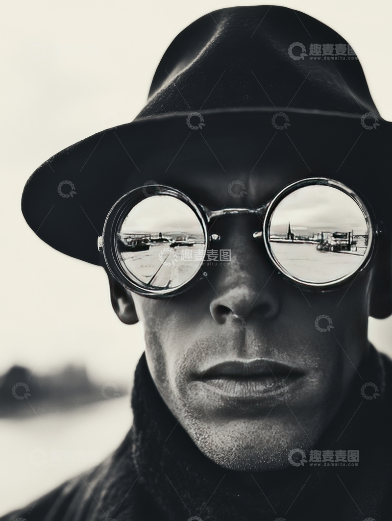 高清大图下载【趣麦麦图】-戴圆镜墨镜与帽子的男子肖像