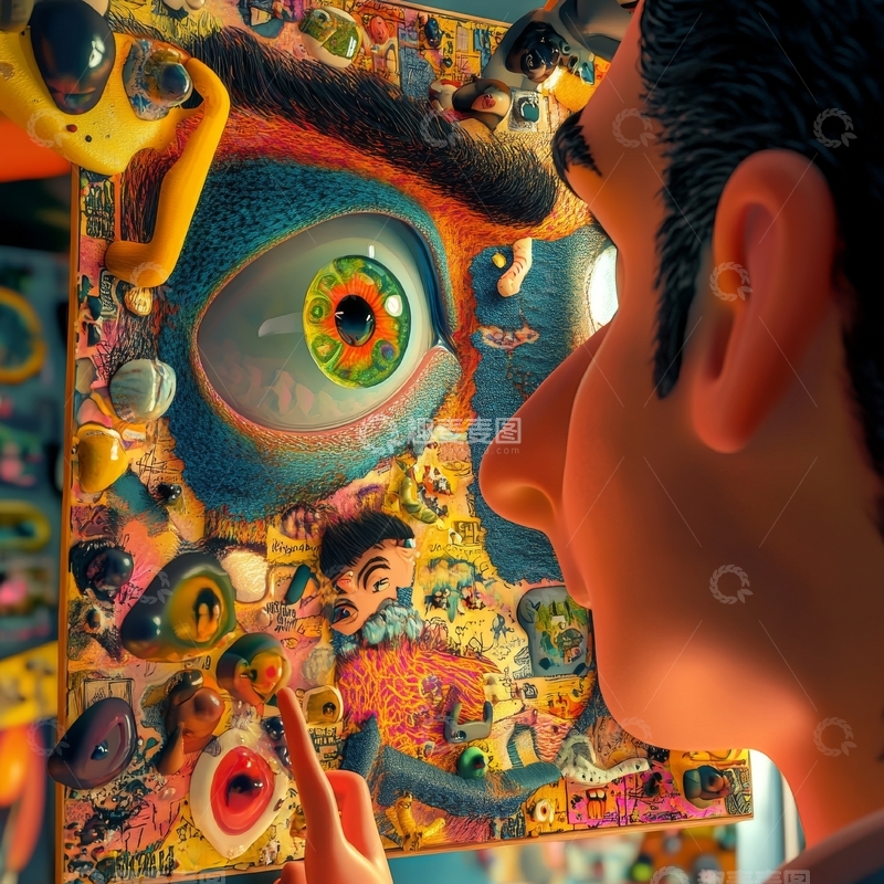 高清大图下载【趣麦麦图】男孩凝视奇幻壁画，眼中世界