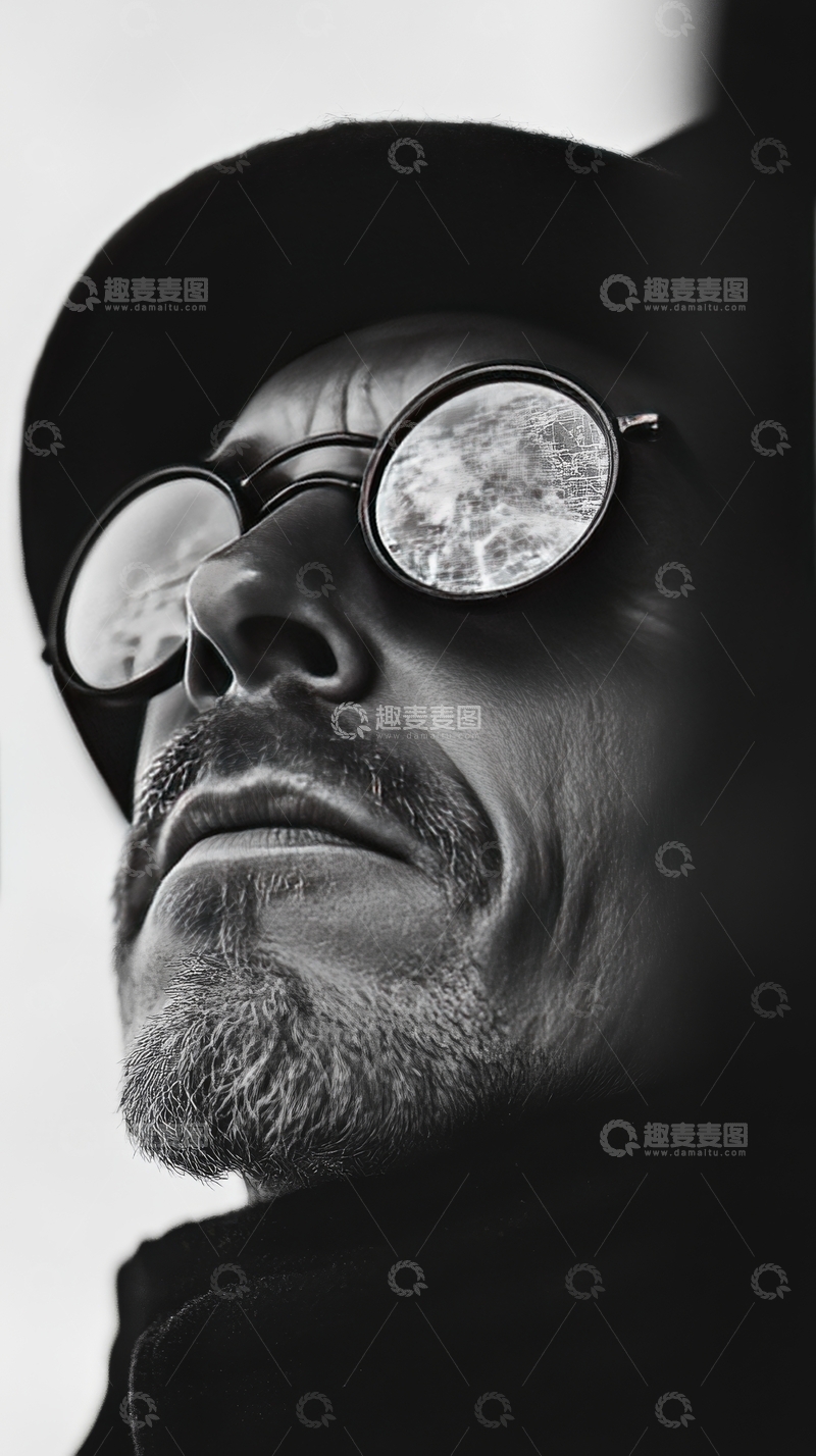 高清大图下载【趣麦麦图】-黑白肖像：戴圆镜与帽子的男子