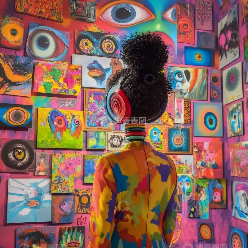高清大图下载【趣麦麦图】色彩斑斓的墙前，戴着耳机的背影