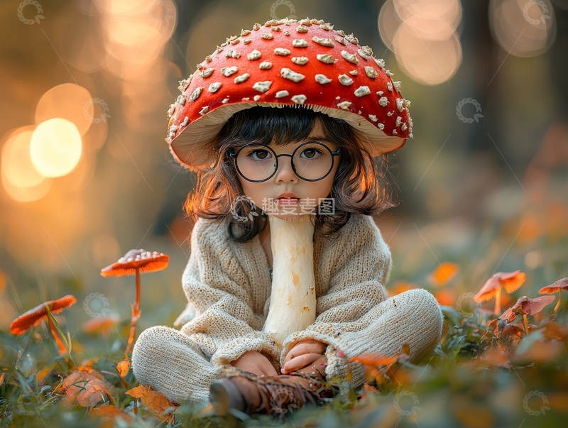 高清大图下载【趣麦麦图】戴蘑菇帽的女孩坐在森林中