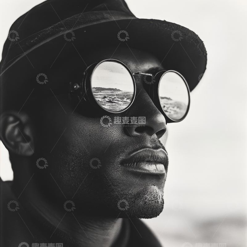 高清大图下载【趣麦麦图】戴墨镜帽子的男子侧脸特写