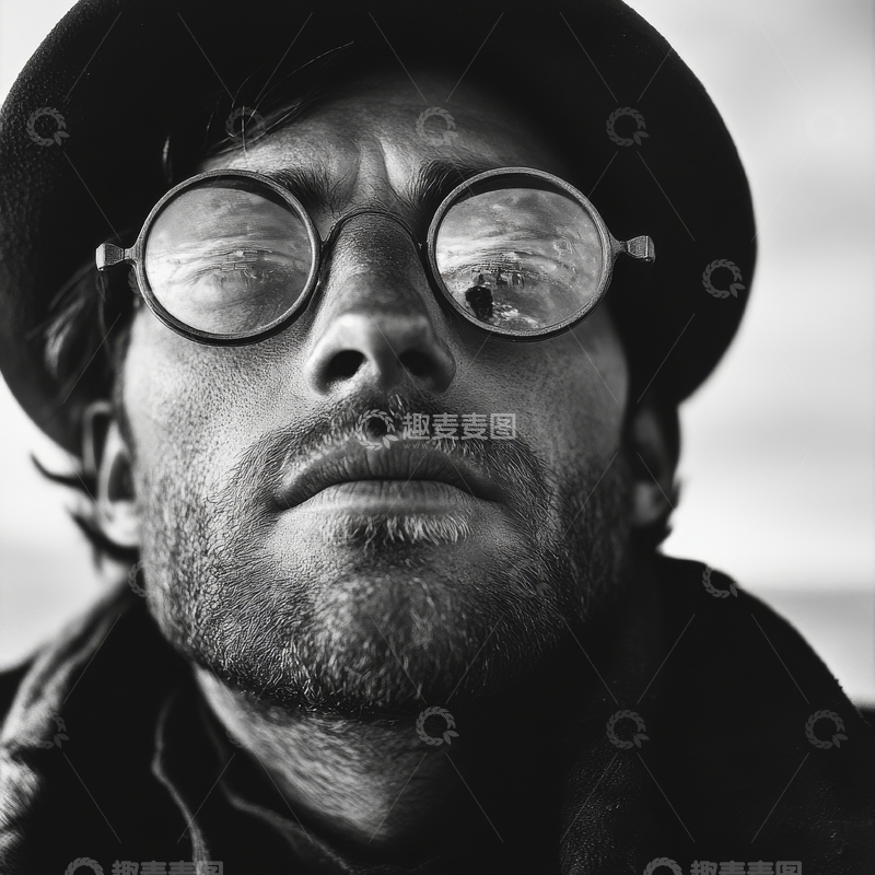 高清大图下载【趣麦麦图】-戴圆框眼镜和帽子的男子肖像