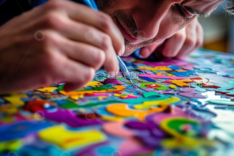 高清大图下载【趣麦麦图】专注拼图：男子细致组装彩色拼图