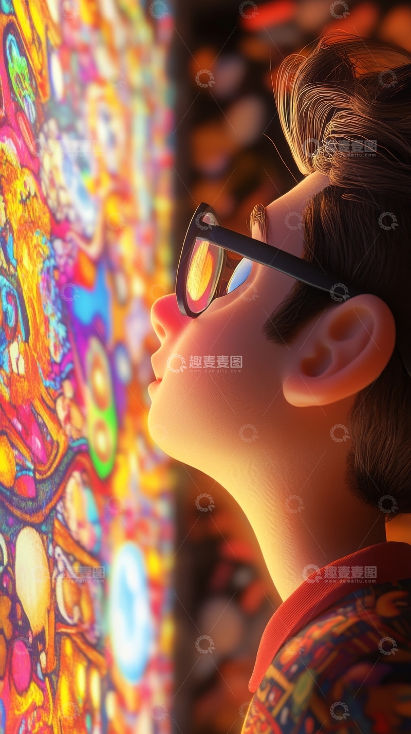 高清大图下载【趣麦麦图】戴眼镜的孩子仰望多彩壁画