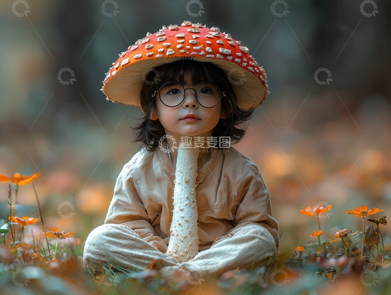 高清大图下载【趣麦麦图】童趣蘑菇帽，林间静坐