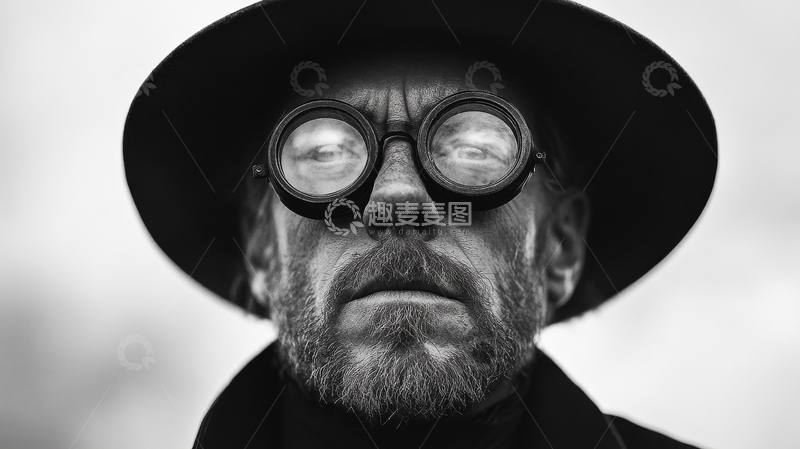 高清大图下载【趣麦麦图】戴宽边帽与大眼镜的男子肖像