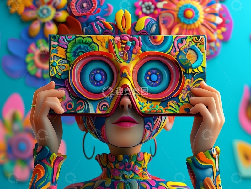 高清大图下载【趣麦麦图】色彩斑斓的面具与花朵背景