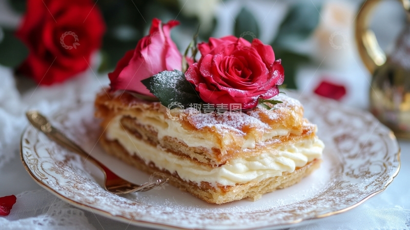 高清大图下载【趣麦麦图】奶油蛋糕配红玫瑰，精致摆盘