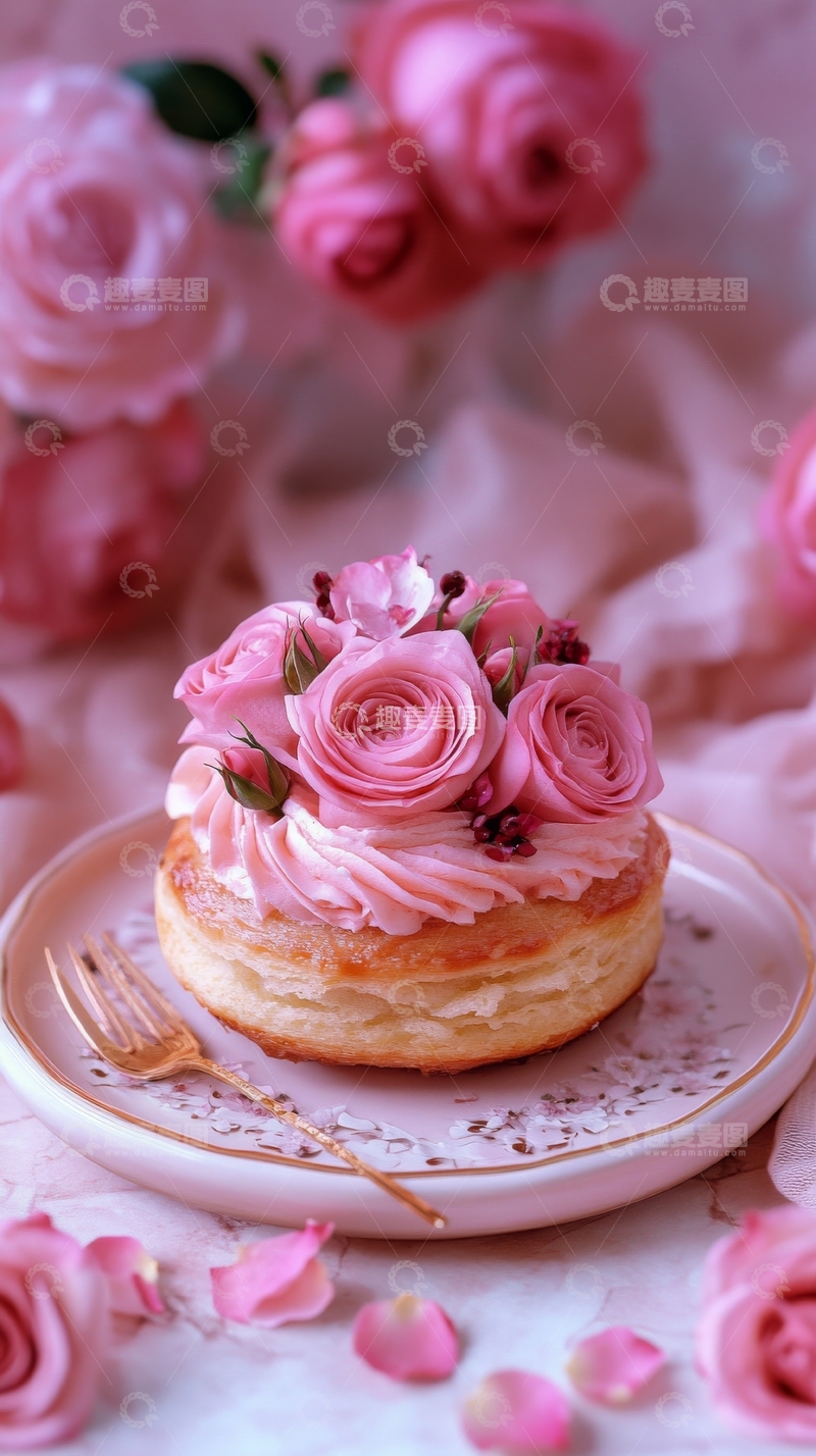 高清大图下载【趣麦麦图】粉色玫瑰装饰的奶油泡芙