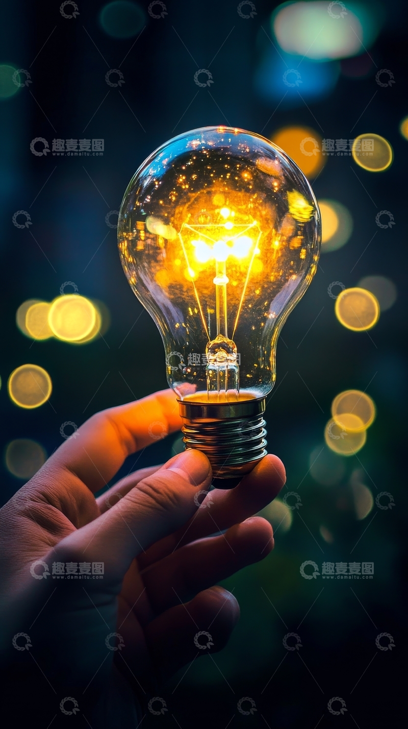 高清大图下载【趣麦麦图】手握点亮的灯泡，背景闪烁光斑