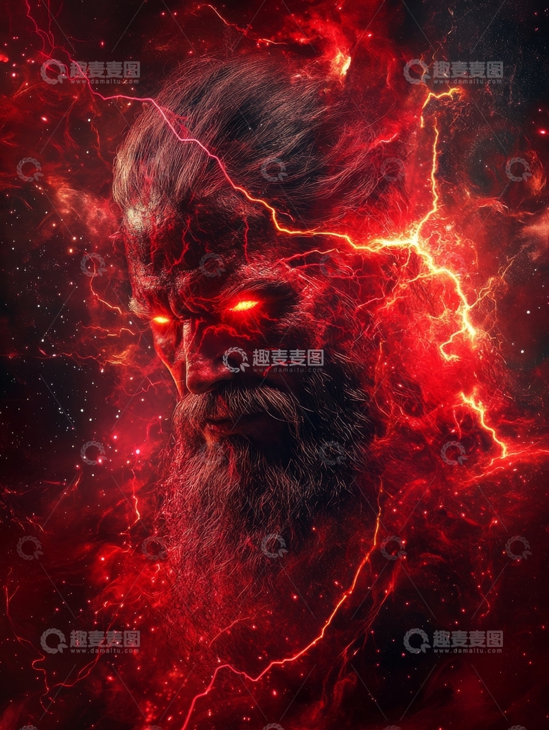 高清大图下载【趣麦麦图】神秘面孔与红色闪电交织的奇幻场景