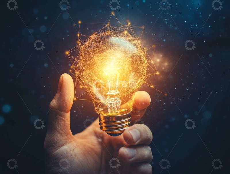 高清大图下载【趣麦麦图】手握发光灯泡，象征创新灵感