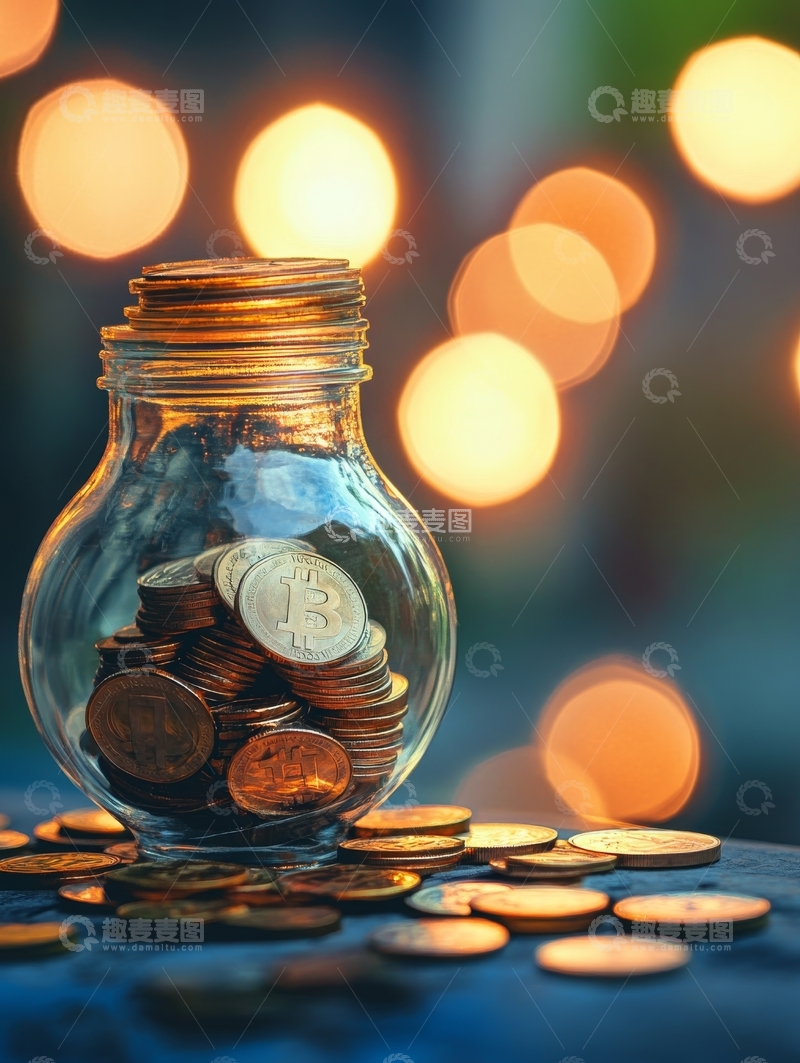 高清大图下载【趣麦麦图】玻璃瓶中堆叠的比特币硬币