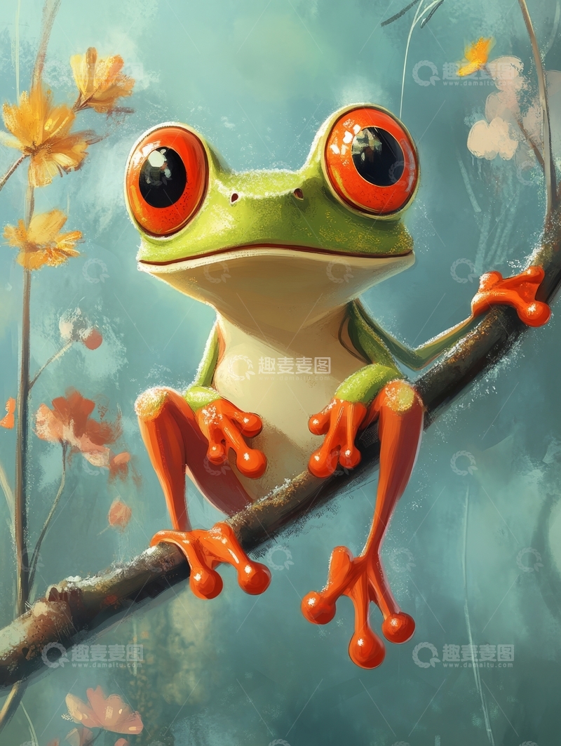 高清大图下载【趣麦麦图】树蛙栖息树枝，背景梦幻秋景