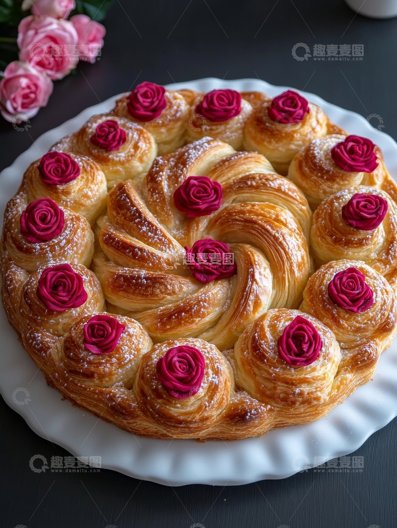 高清大图下载【趣麦麦图】玫瑰花装饰的编织面包